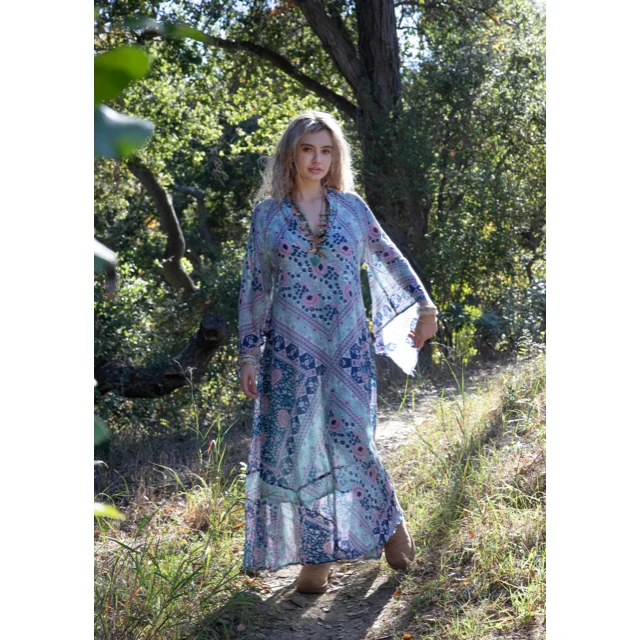 Audrey Printed Maxi Dress Butterfly Sleeves Patchwork Blue - Image 8