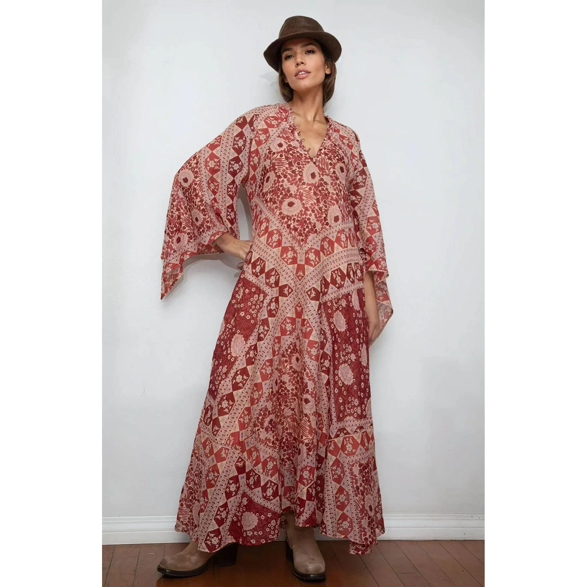 Audrey Printed Maxi Dress Butterfly Sleeves Red - Image 5