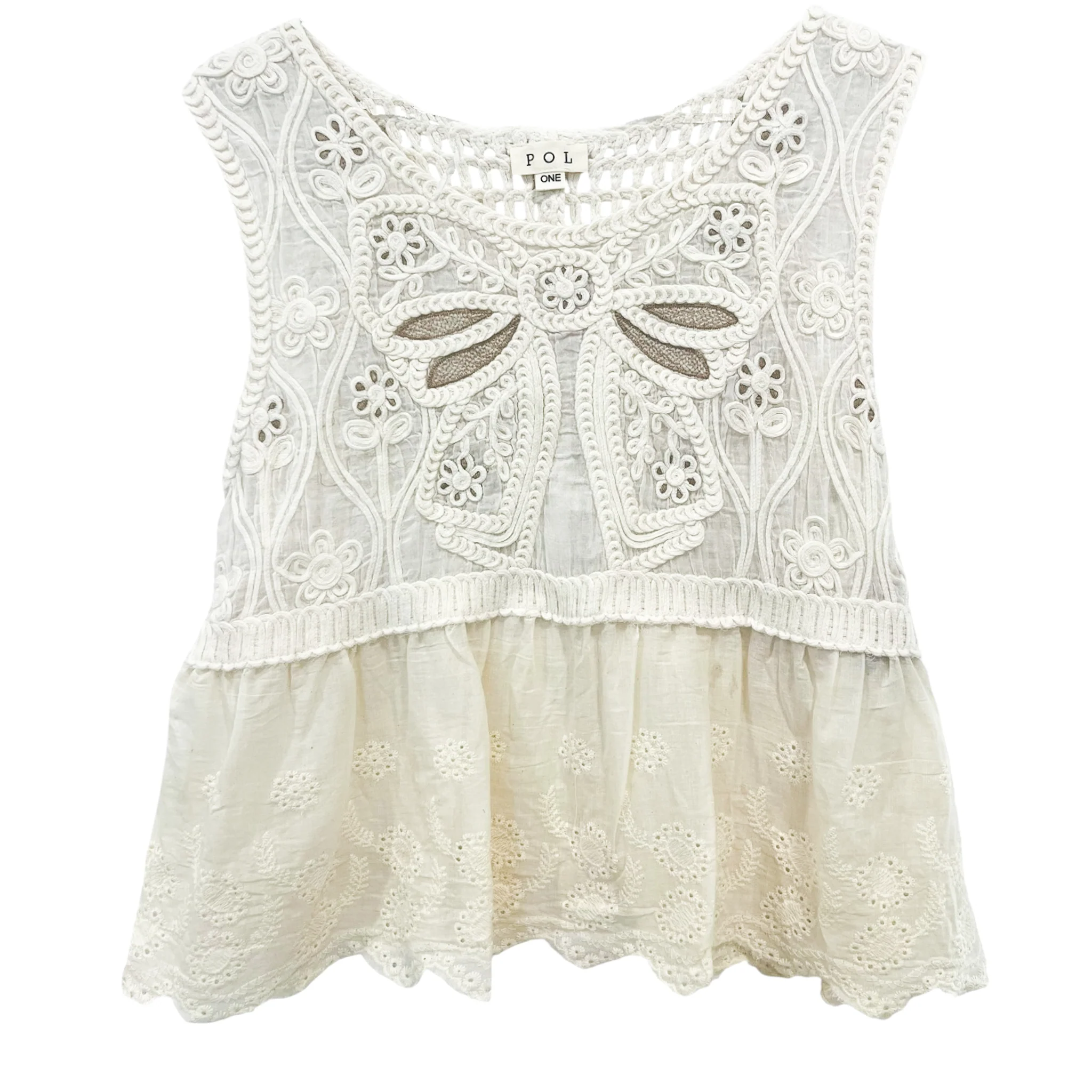 Boho Crochet Ribbon Motif Scalloped Trim Sleeveless Top: NATURAL