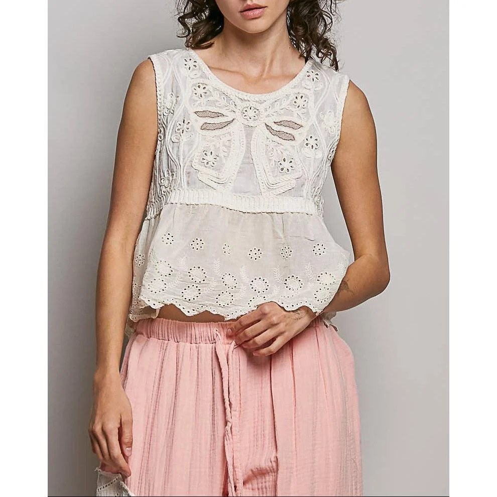 Boho Crochet Ribbon Motif Scalloped Trim Sleeveless Top: NATURAL - Image 4