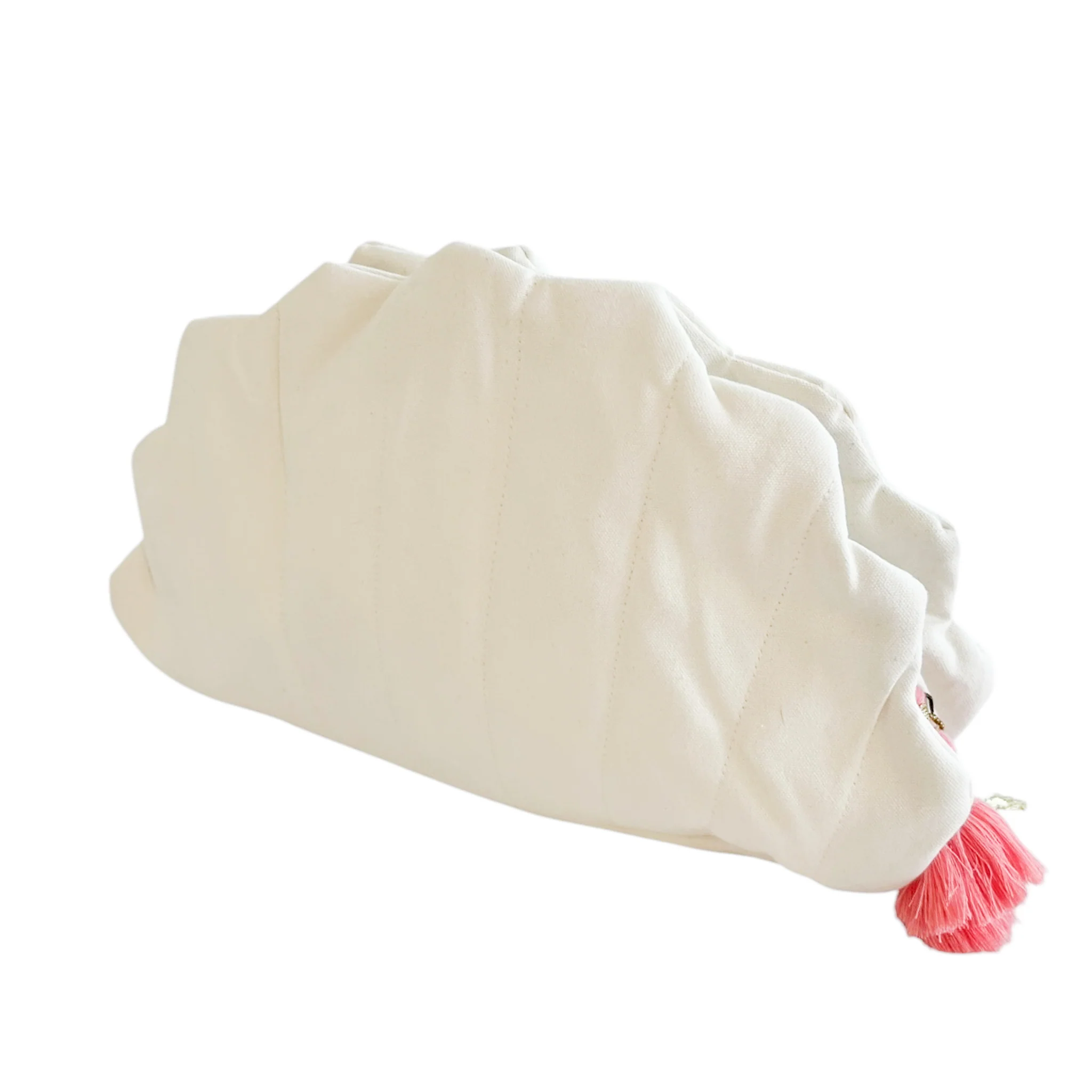 Canvas Scalloped Clamshell Bag With Pink Tassel - Image 5