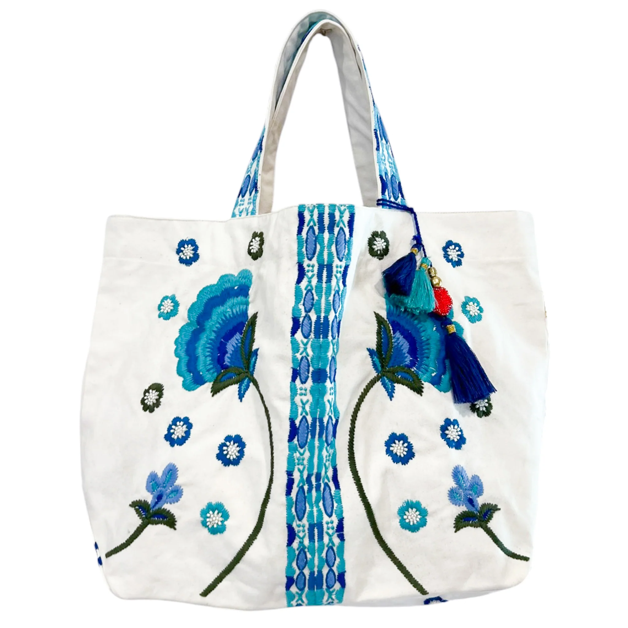 Embroidered Medium Beach bag - Blue and White