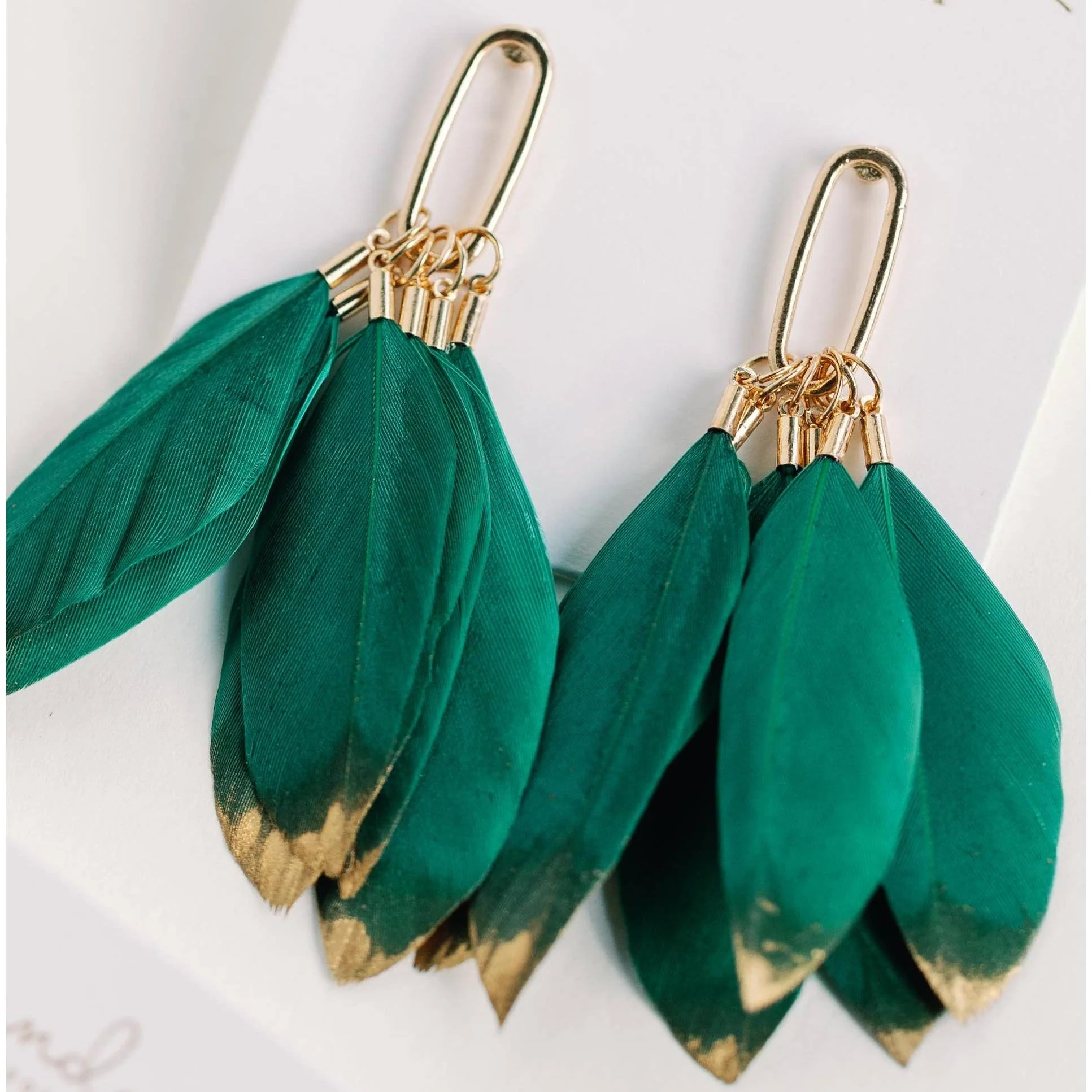 Emerald Gold Dipped Fall Feather Tassel Statement Earrings - Image 2
