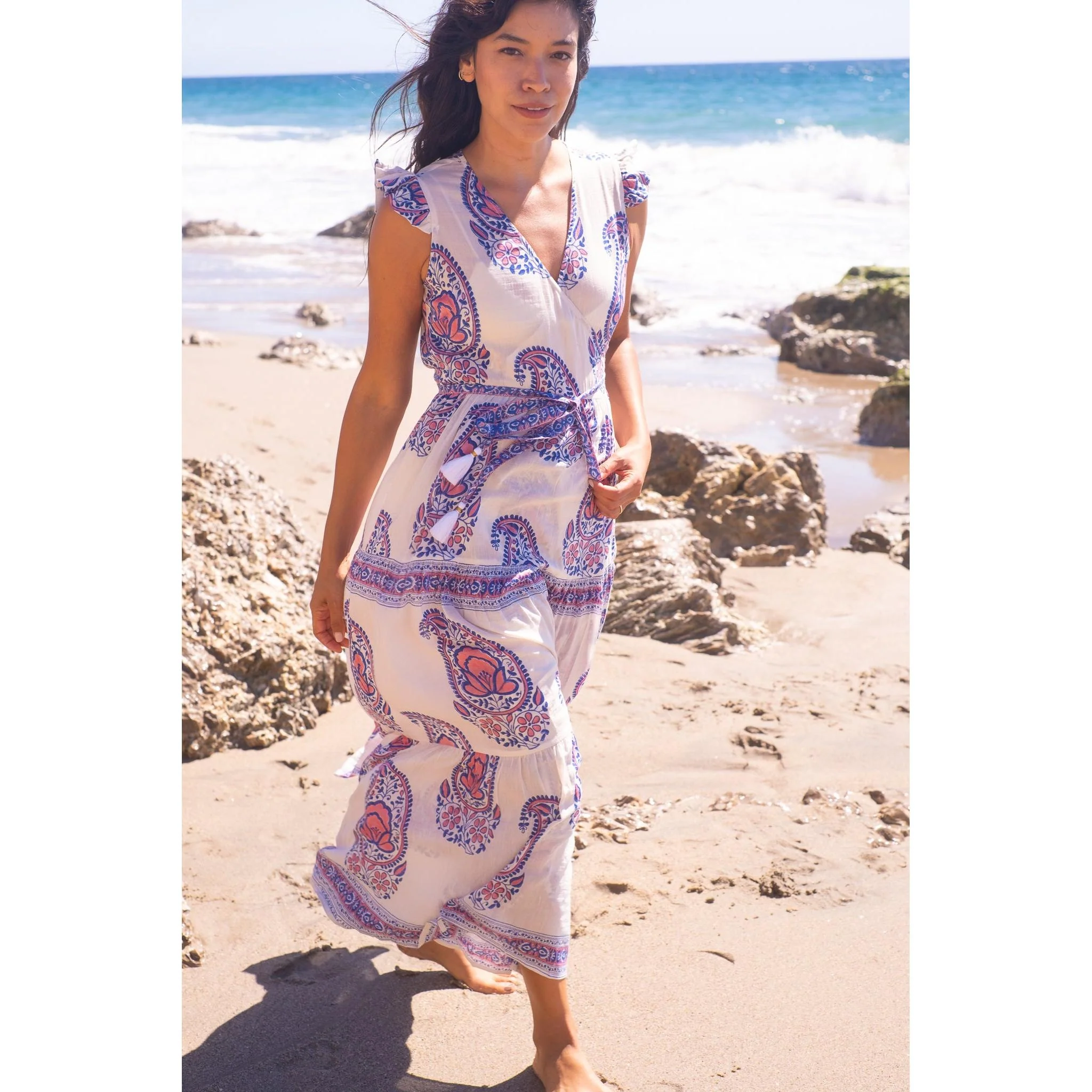 Flutter Wrap Dress- Pink Navy Paisley - Image 3