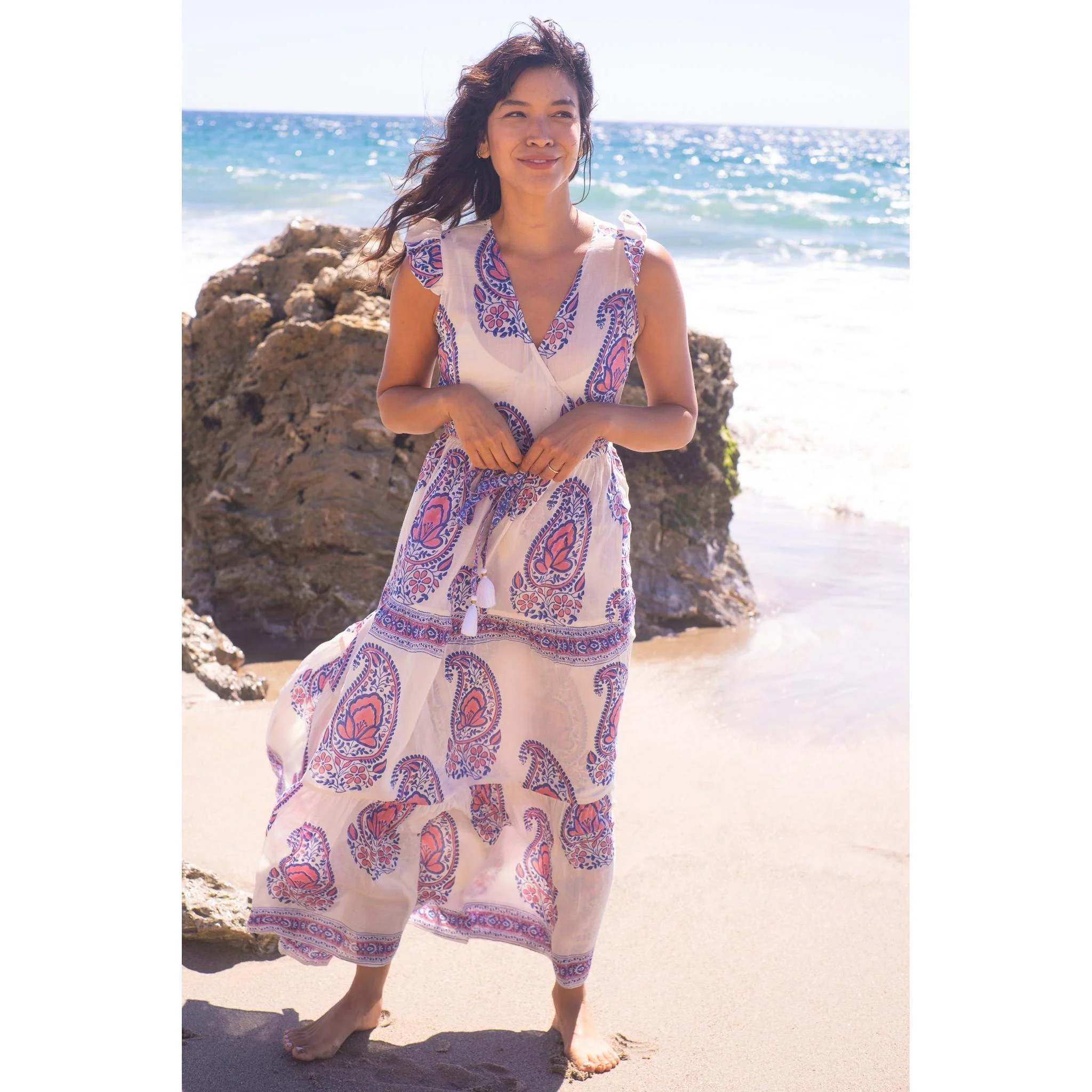 Flutter Wrap Dress- Pink Navy Paisley - Image 7