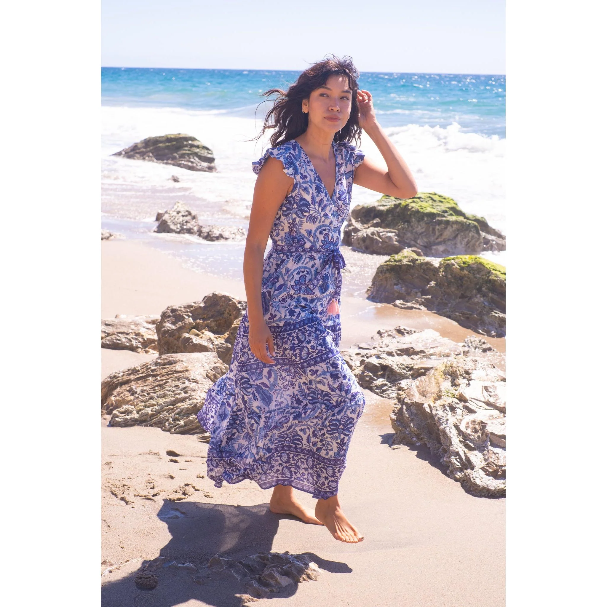 Flutter Wrap Dress-Navy Print - Image 11