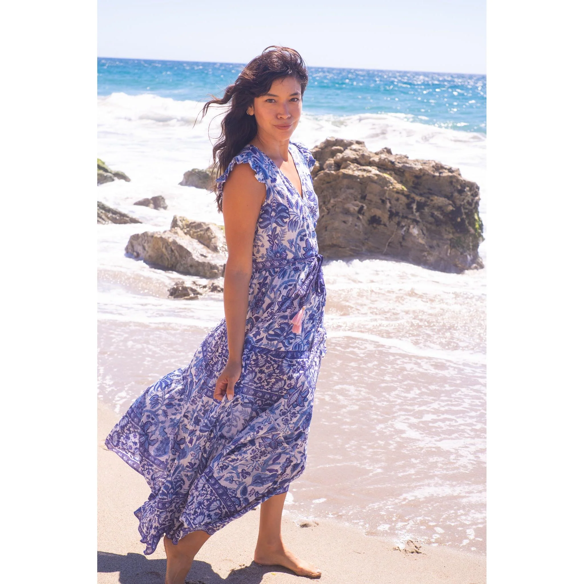 Flutter Wrap Dress-Navy Print - Image 3