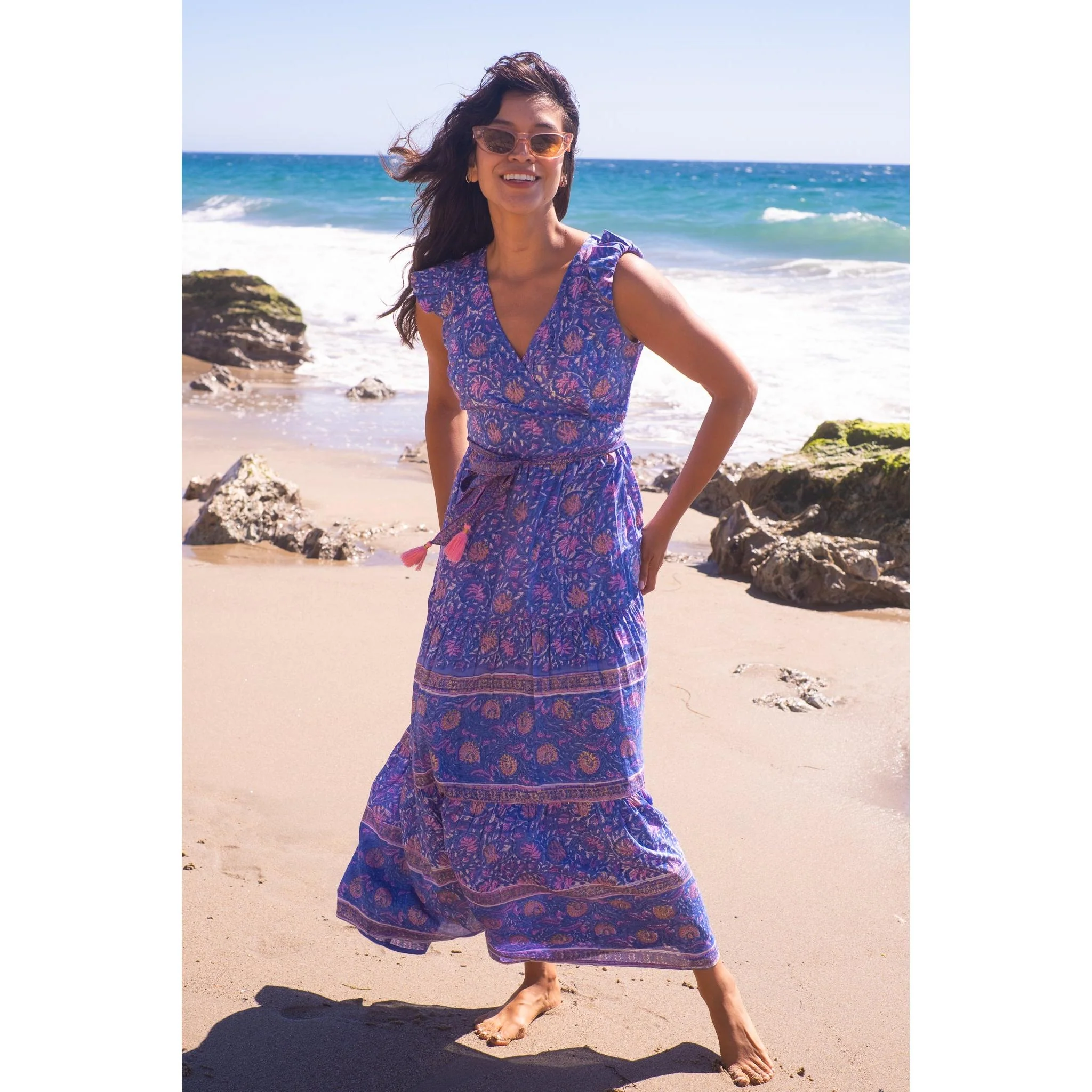 Flutter Wrap Dress- Blue Pink print - Image 8