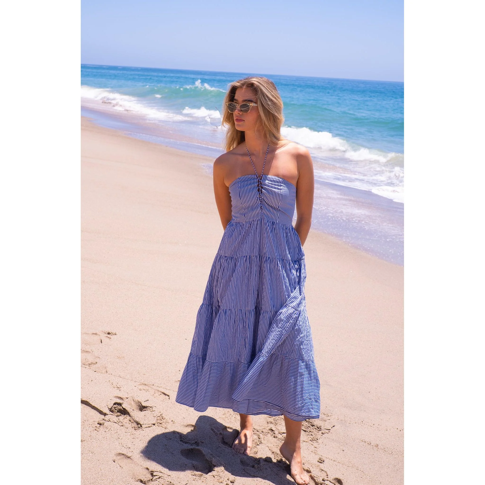 Jill Cotton Maxi Dress - Navy Stripe - Image 25