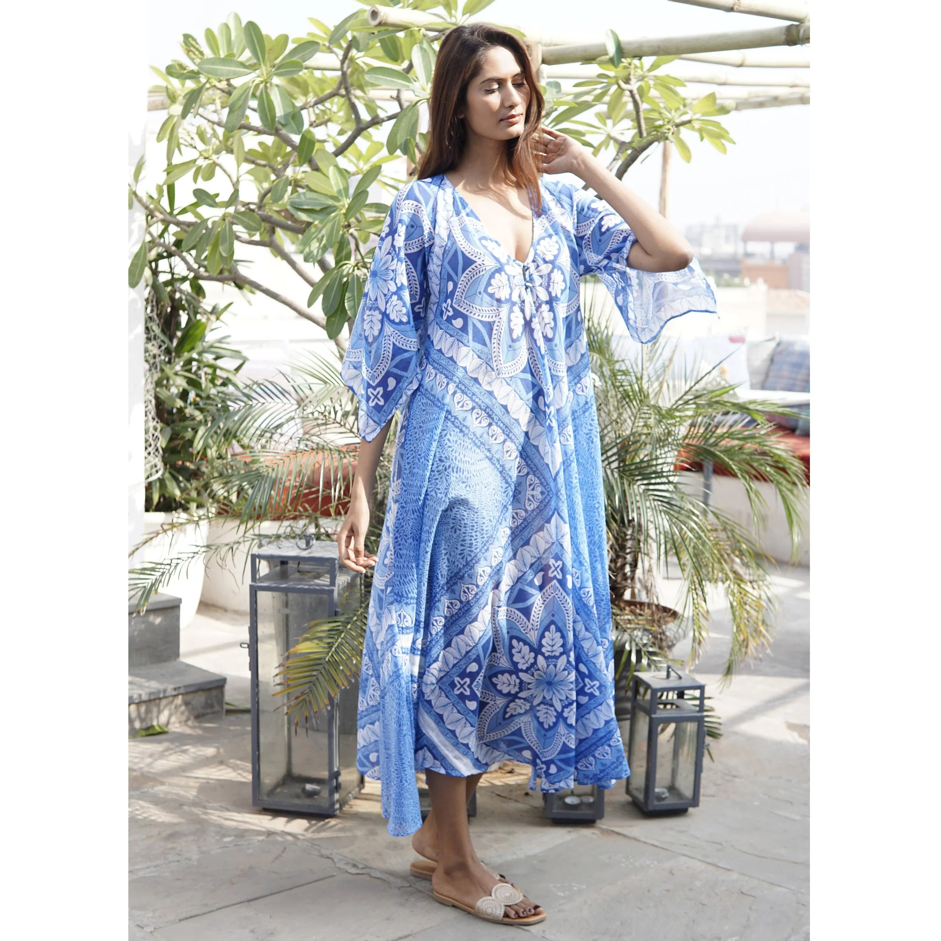 Kaftan dress. Floaty cotton summer dress, Beach coverup: Lightblue - Image 3