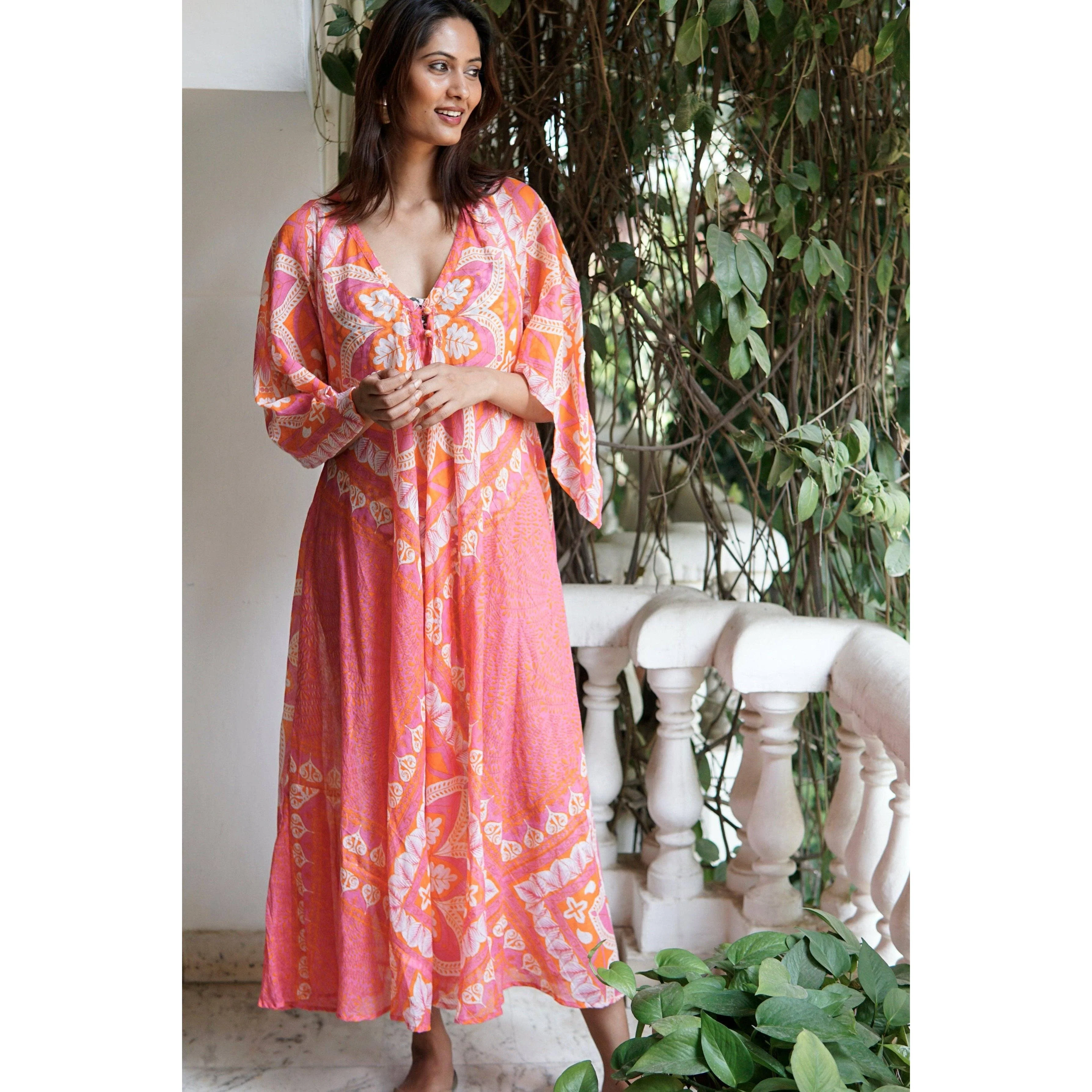Kaftan dress. Floaty cotton summer dress, Beach coverup: Pink - Image 4