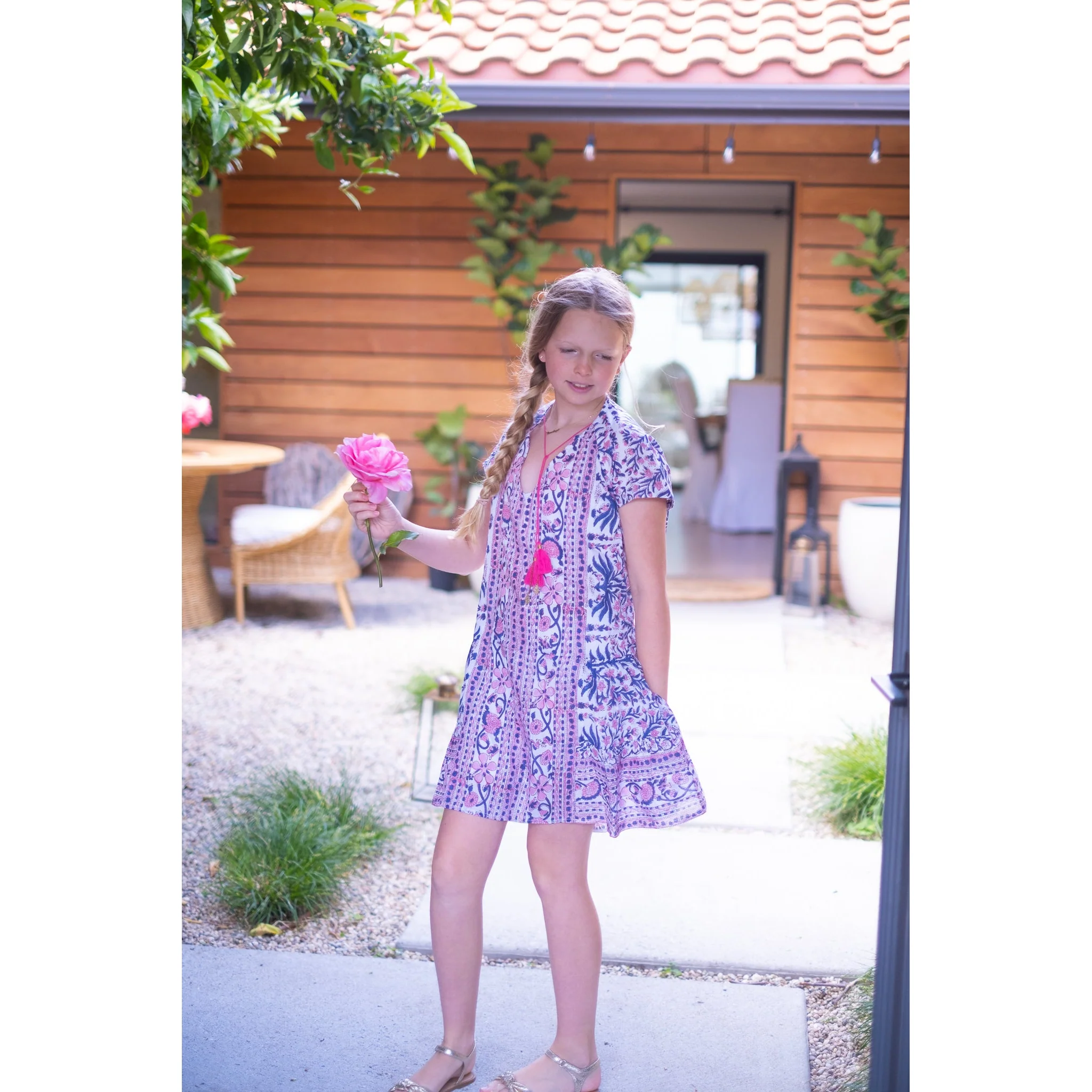 Girls Pink/Navy Kaftan Popover Dress - Image 6