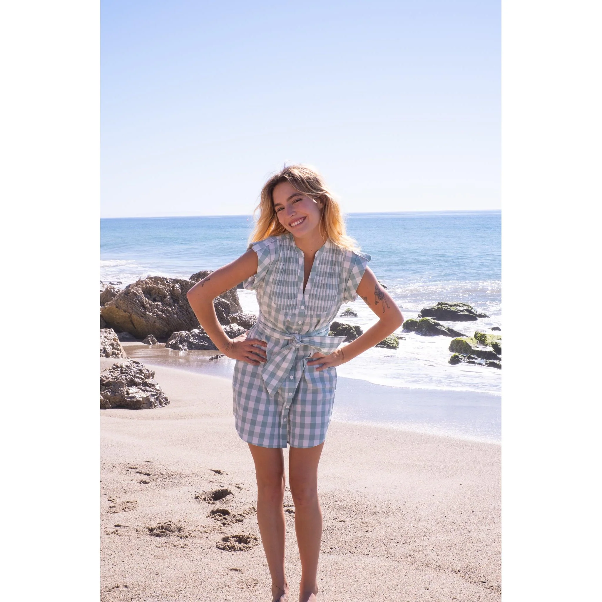 Kat Mini Shirt Dress- Green Gingham - Image 6