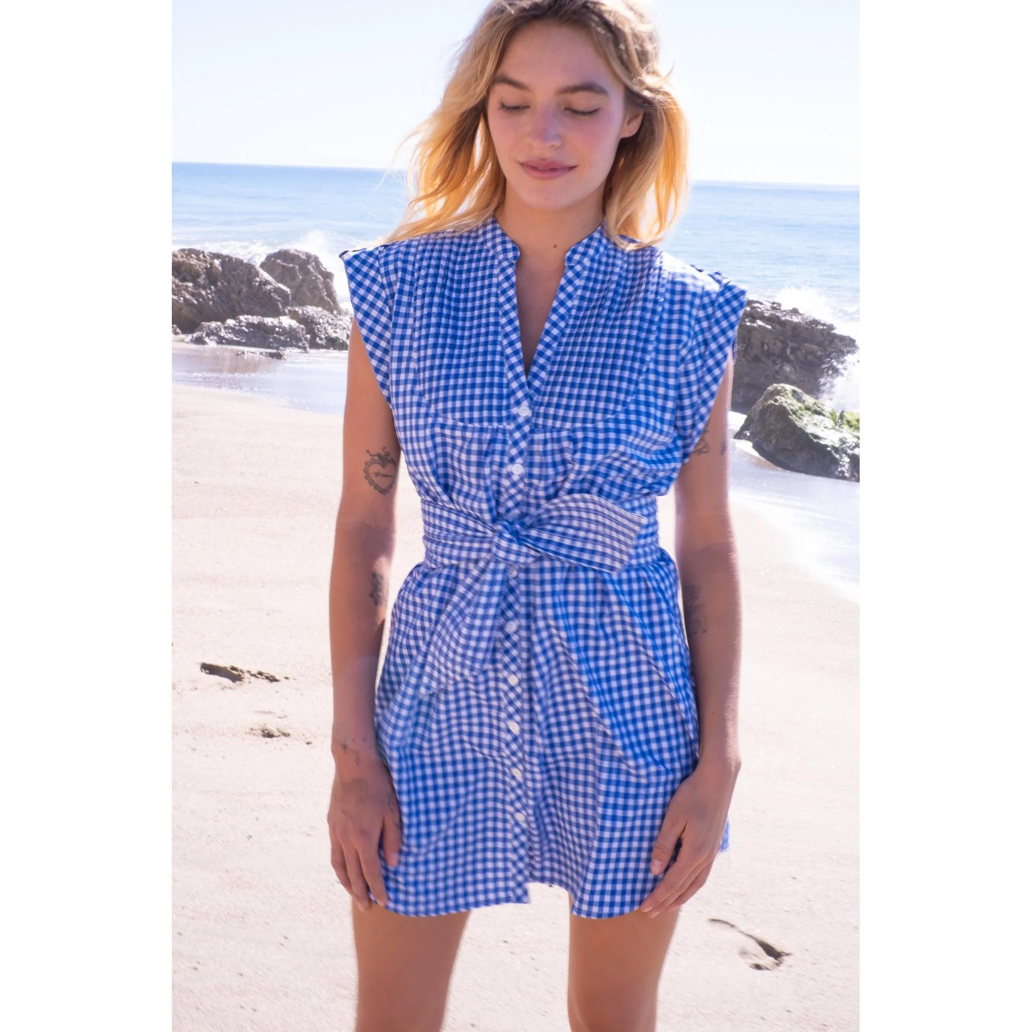 Kat Mini Shirt Dress- Navy Gingham - Image 10