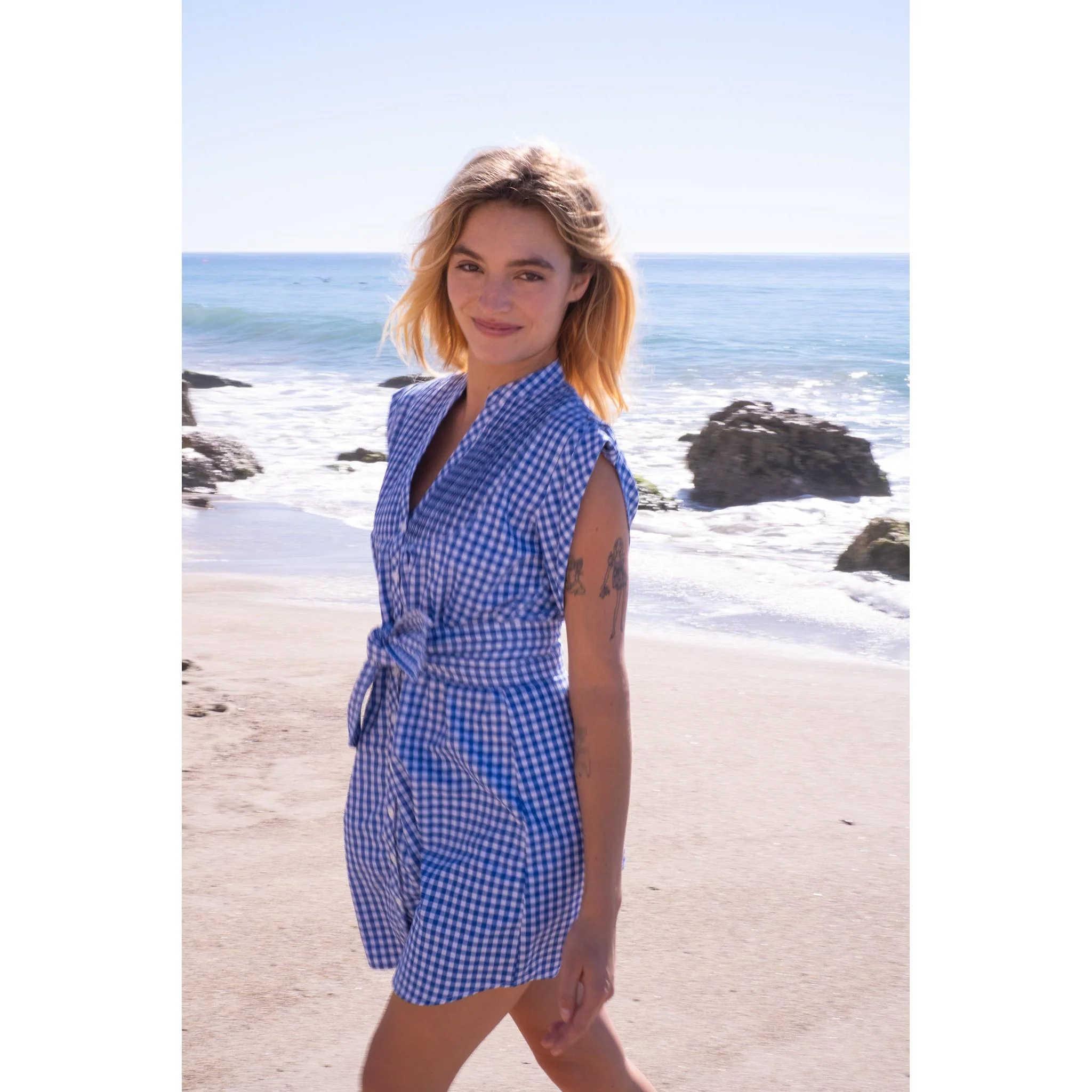 Kat Mini Shirt Dress- Navy Gingham - Image 5
