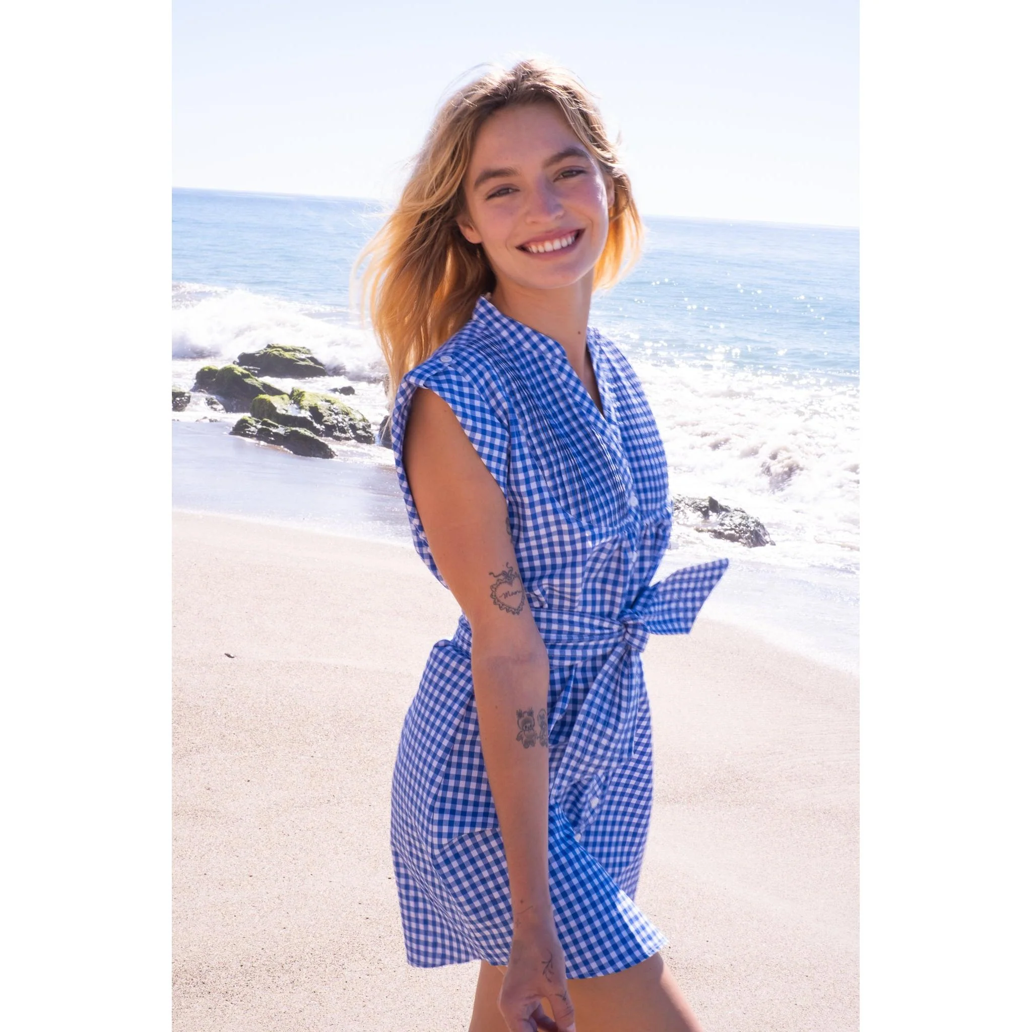 Kat Mini Shirt Dress- Navy Gingham - Image 7