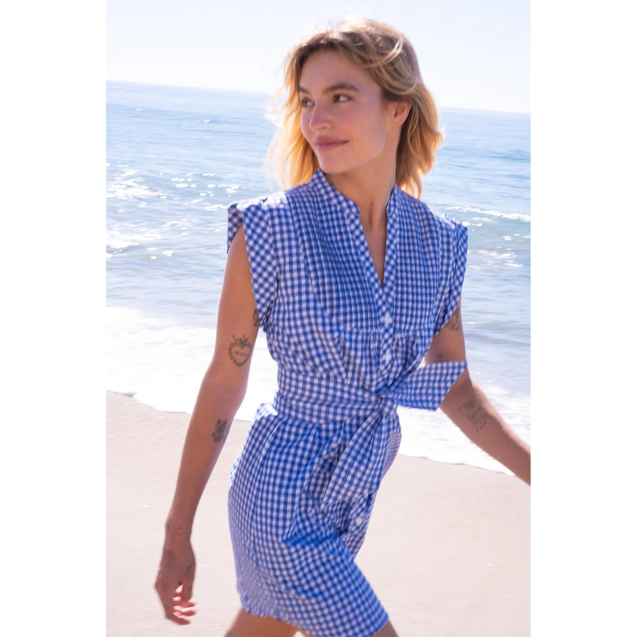 Kat Mini Shirt Dress- Navy Gingham - Image 8
