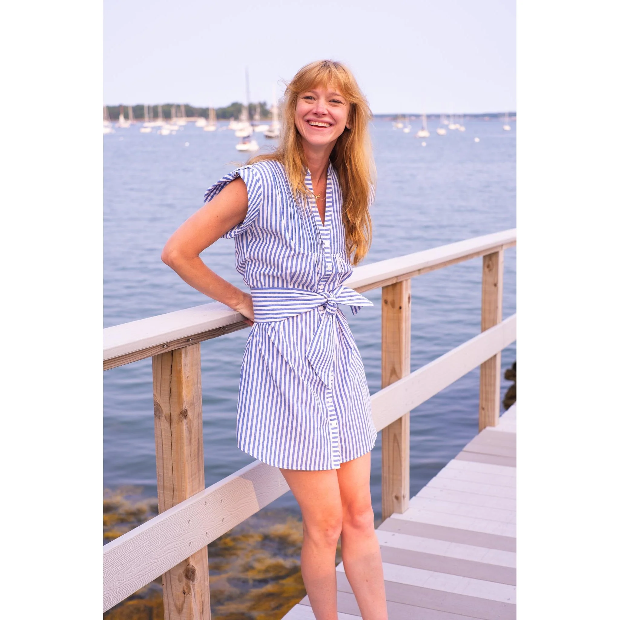 Kat Mini Shirt Dress- Thick Navy Stripe - Image 4