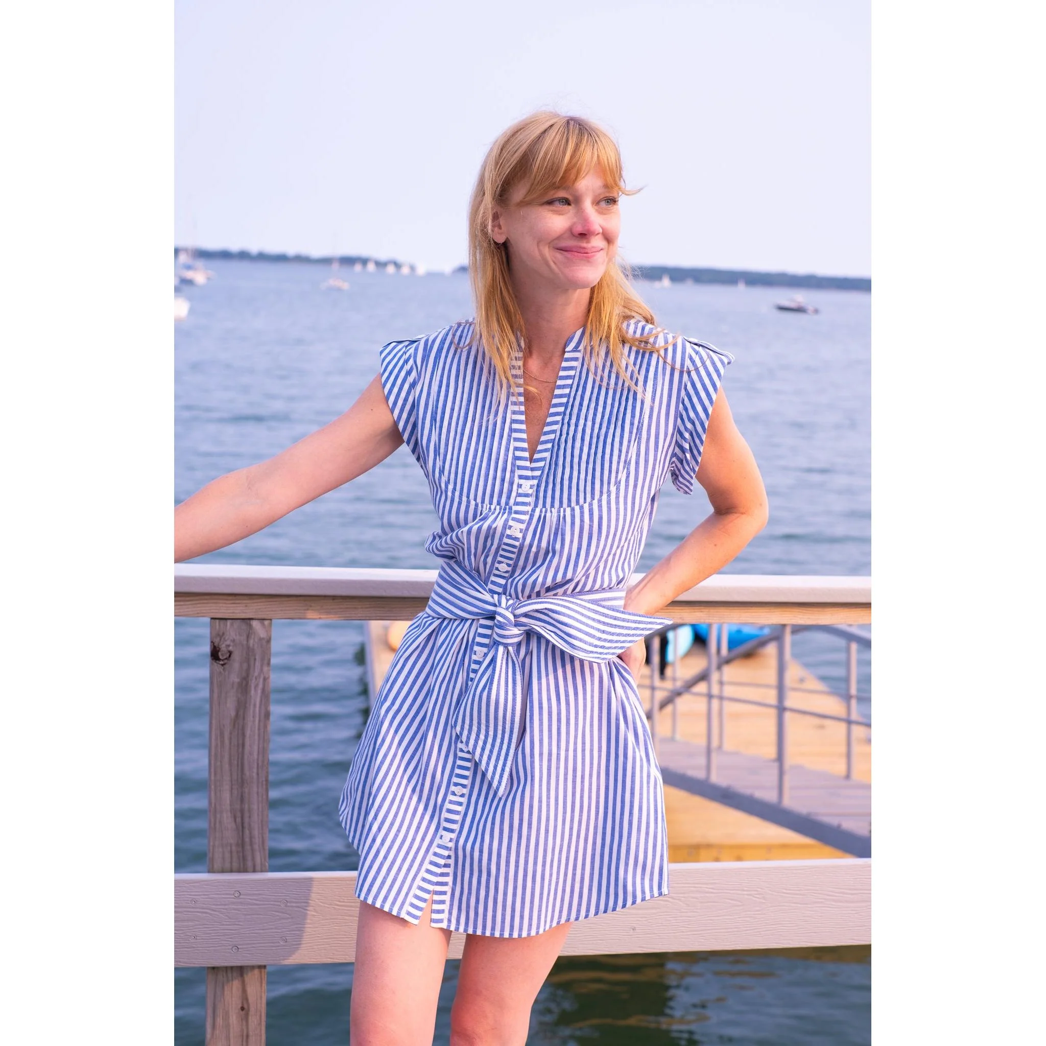 Kat Mini Shirt Dress- Thick Navy Stripe - Image 9