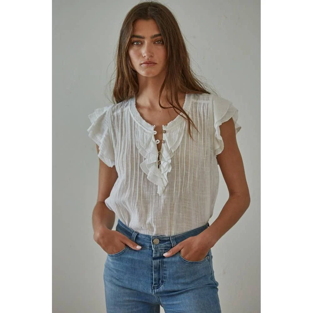 Woven Cotton Linen Button V-Neck Short Sleeve Top: Off White - Image 2