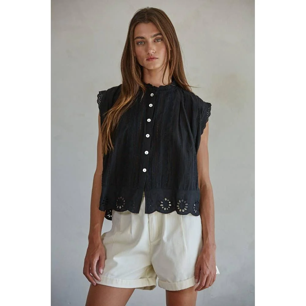 Woven Cotton Eyelet Buttondown Sleeveless Top