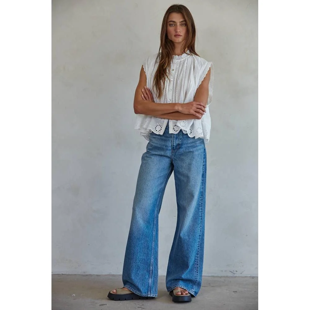 Woven Cotton Eyelet Button down Sleeveless Top: Off White - Image 2