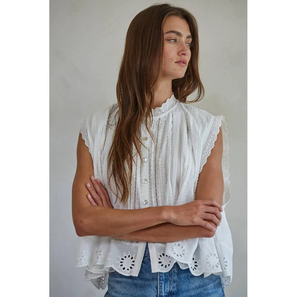 Woven Cotton Eyelet Button down Sleeveless Top: Off White - Image 3