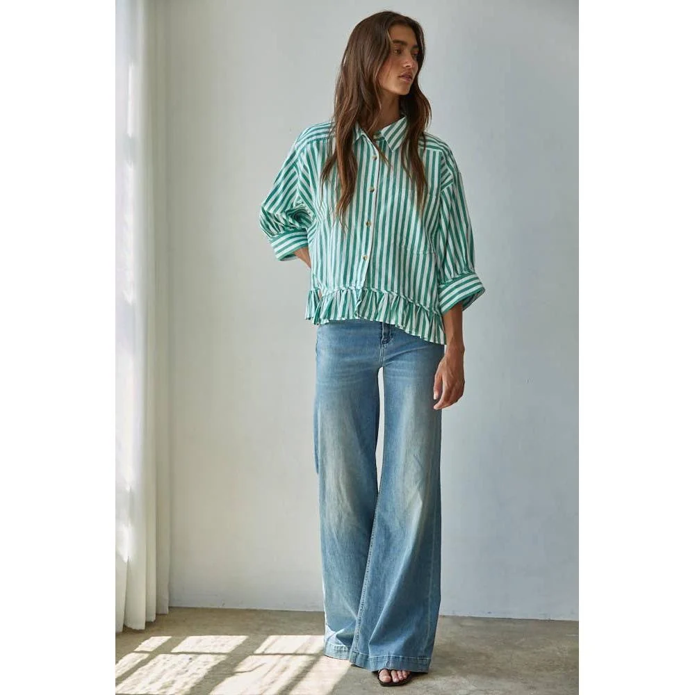 Woven Cotton Striped Button Down Shirt Top: Ivory Green - Image 3