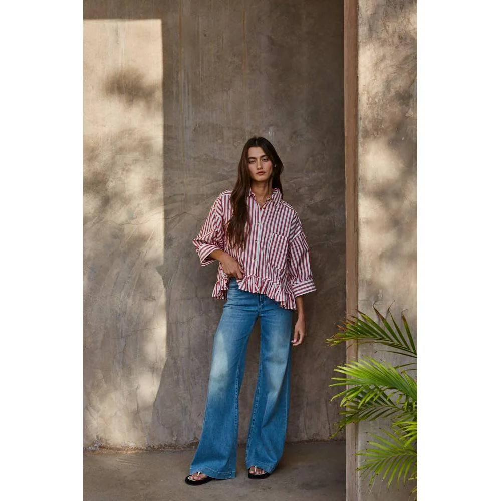 Woven Cotton Striped Button Down Shirt Top: Ivory Red - Image 2