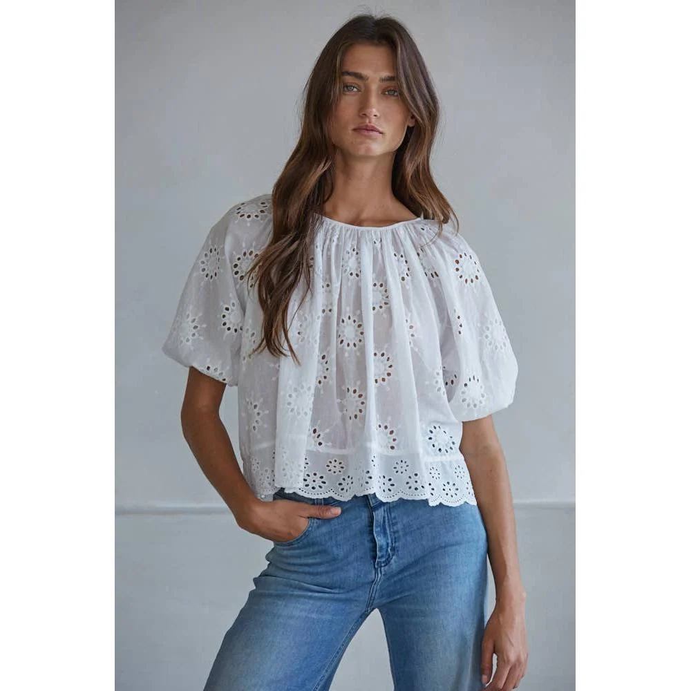 Woven Cotton Eyelet Round Neck Short Sleeve Top
