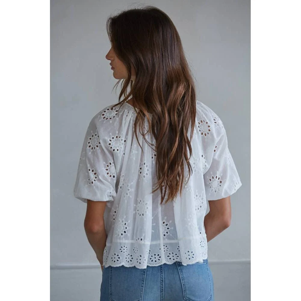Woven Cotton Eyelet Round Neck Short Sleeve Top - Image 3