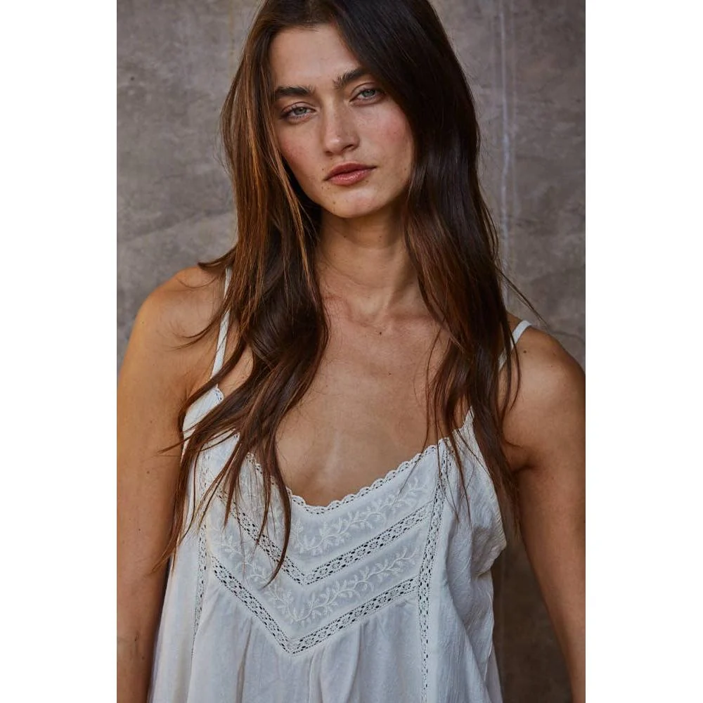 Woven Cotton Spaghetti Strap V-Neck Lace Trim Top : Cream - Image 2