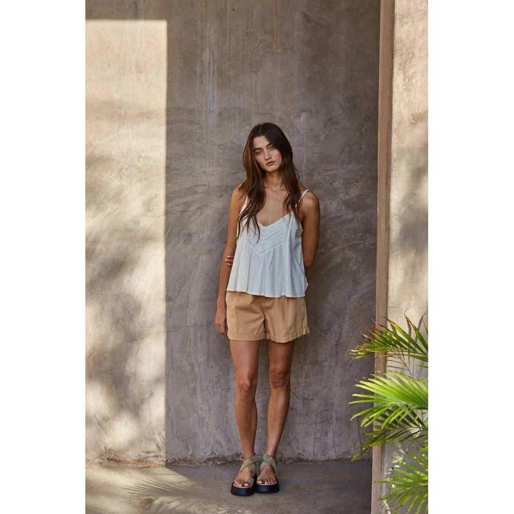 Woven Cotton Spaghetti Strap V-Neck Lace Trim Top : Cream - Image 3