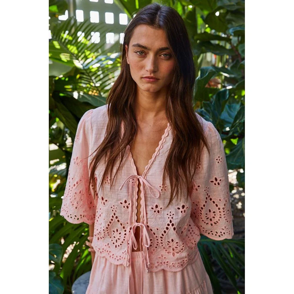 Woven Cotton Embroidered V-Neck Open Top: Pink - Image 2