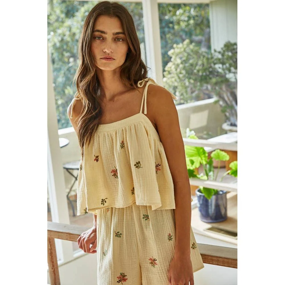 Woven Cotton Gauze Cami Top with Embroidery Detail: Light Yellow