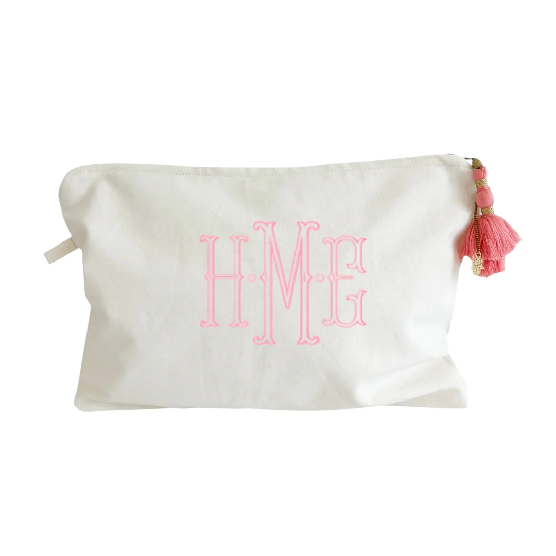 Large Canvas Zipper Pouch With Pink Tassel - Image 3
