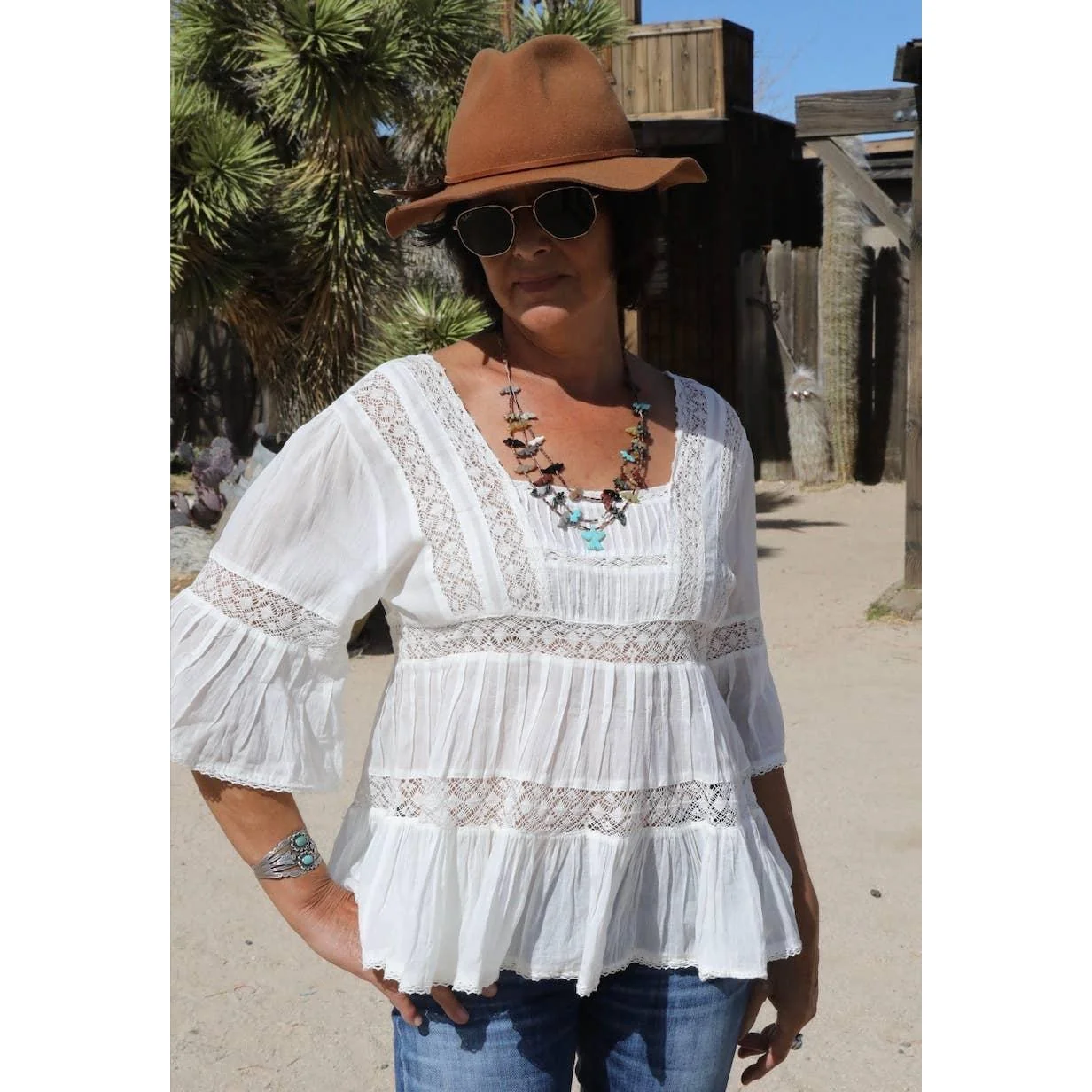 Louise Short Sleeves Blouse With Lace and Tassels Natural - Image 3