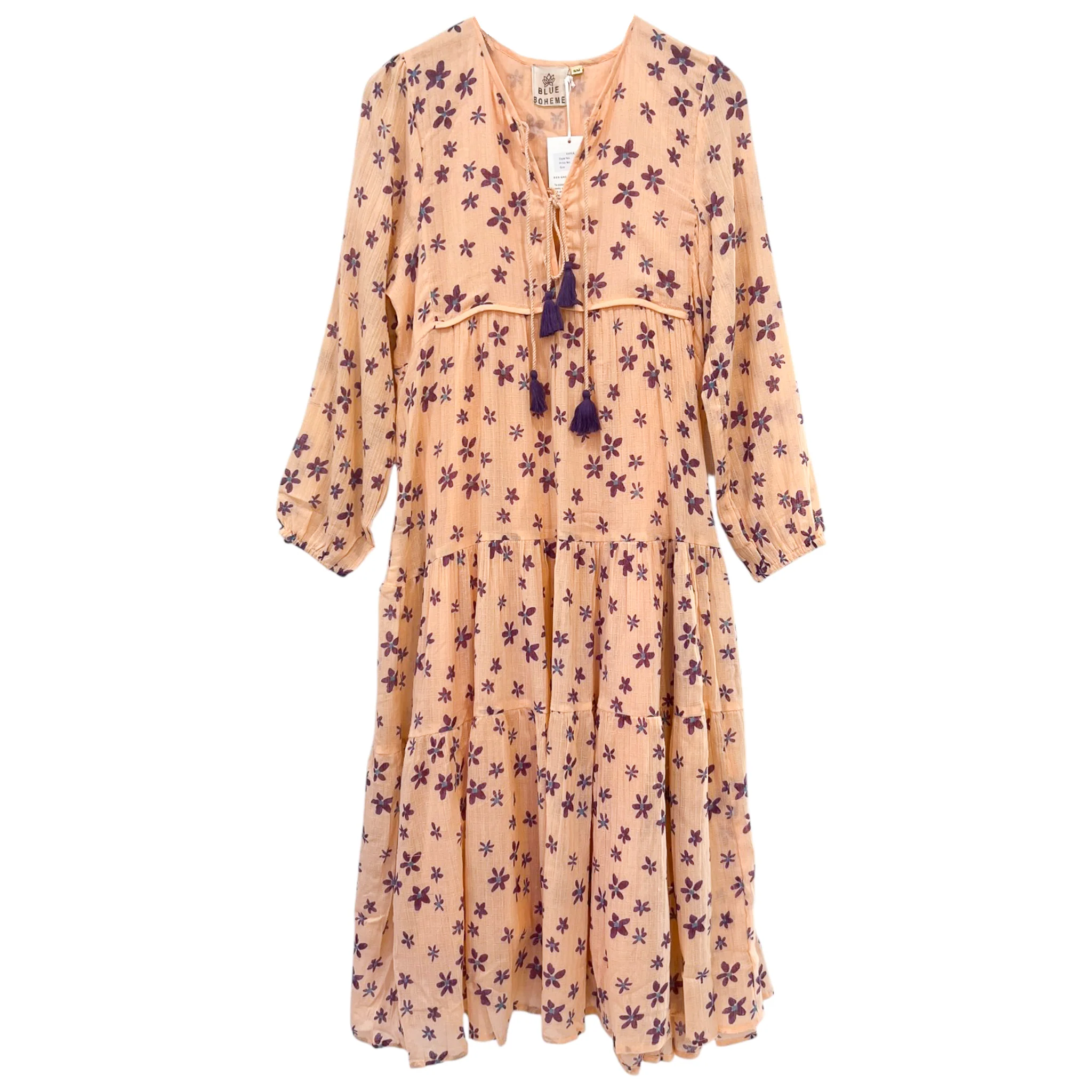 Marisa Printed Midi Dress Long Sleeves With Tassels Coral