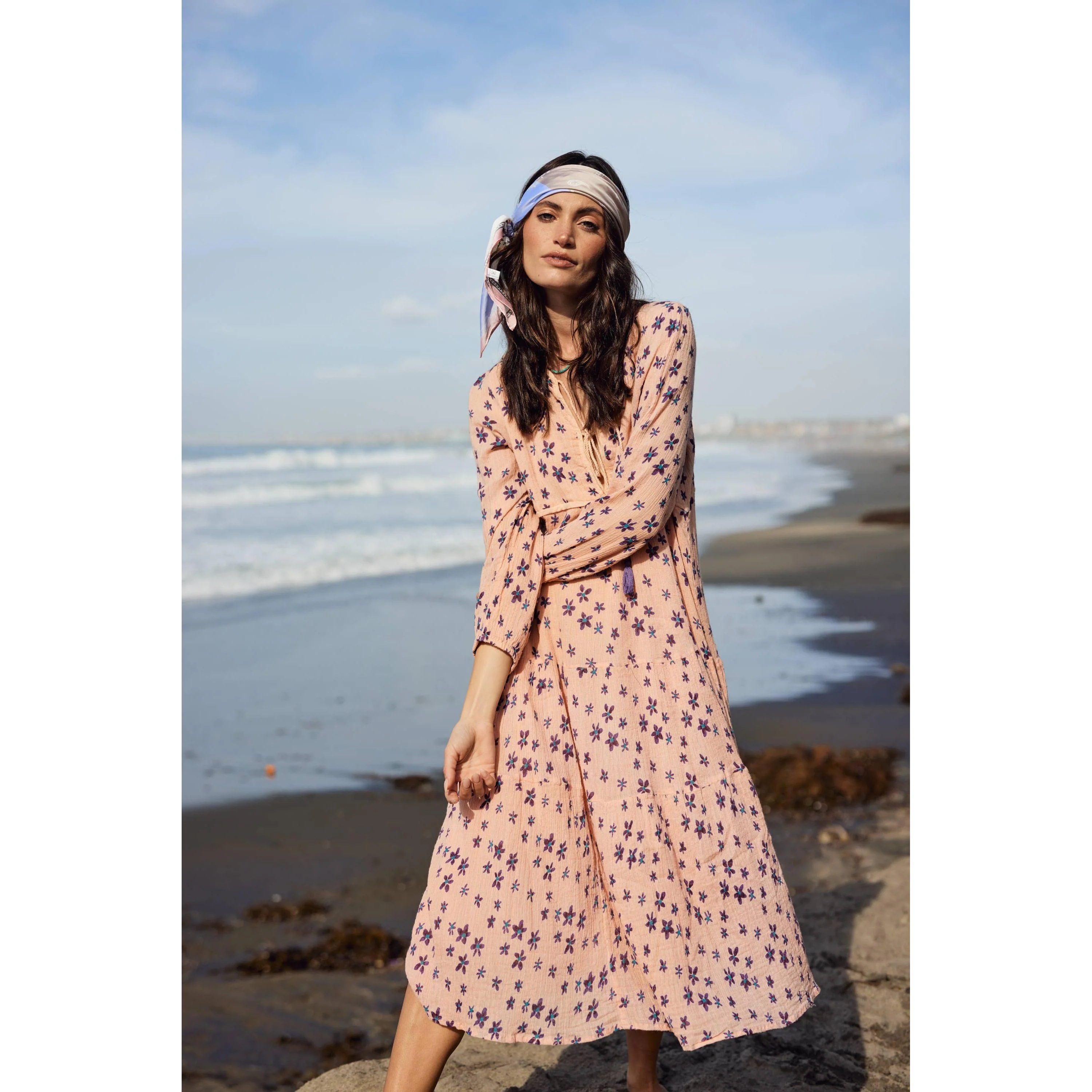 Marisa Printed Midi Dress Long Sleeves With Tassels Coral - Image 2