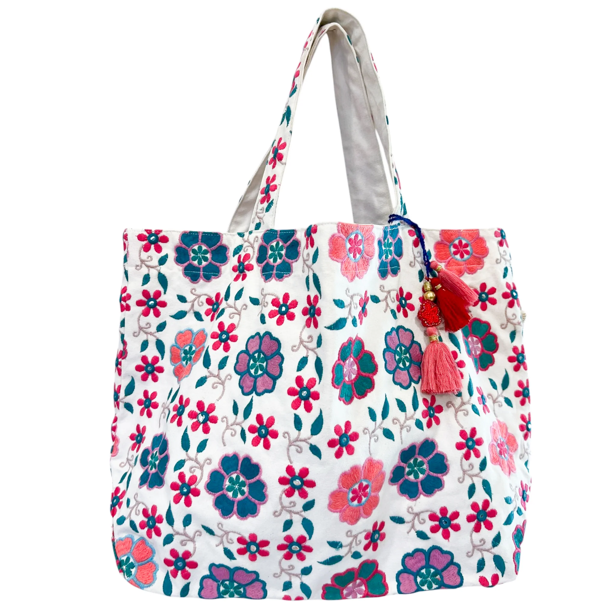 Medium Embroidered Beach Bag -Teal & Peach
