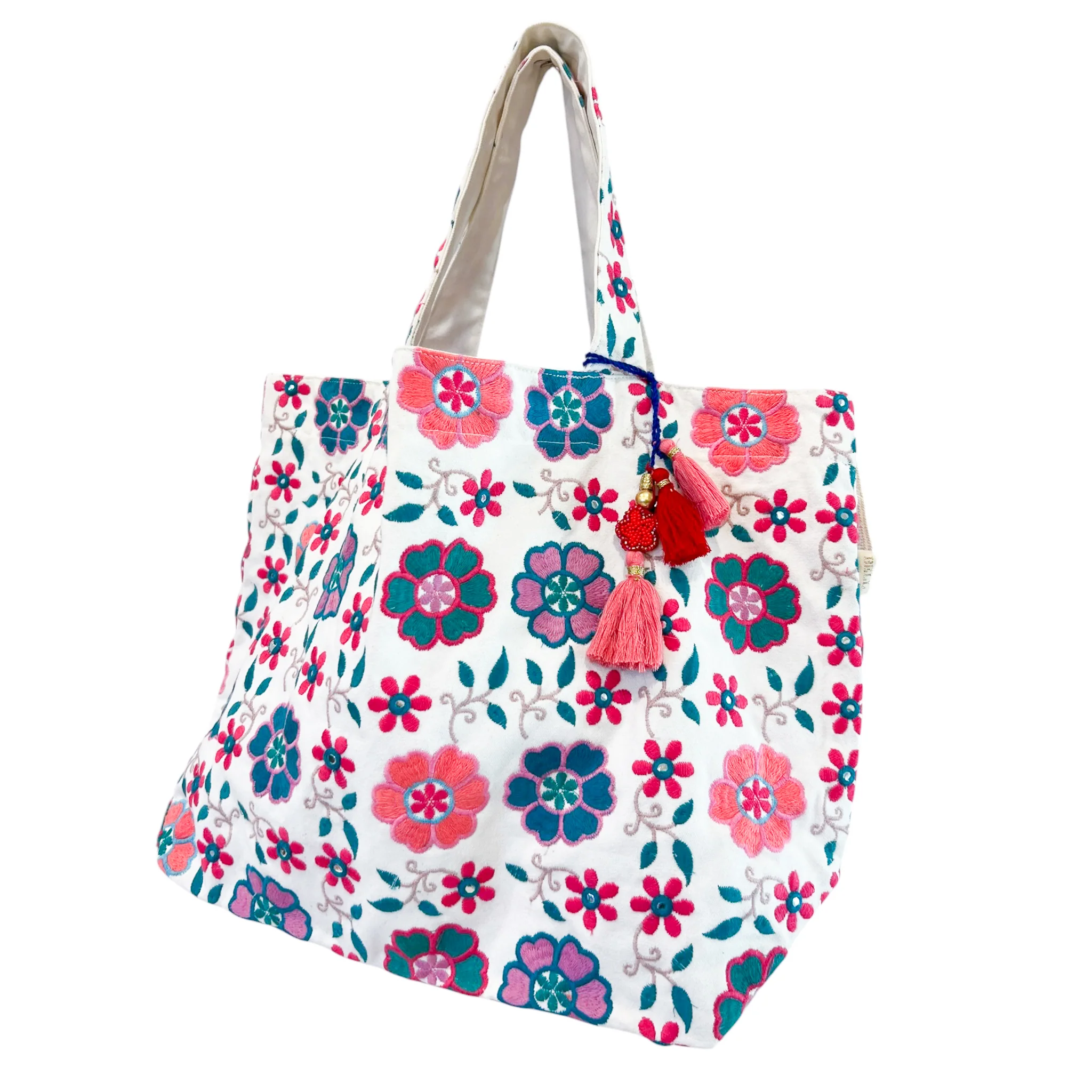 Medium Embroidered Beach Bag -Teal & Peach - Image 2