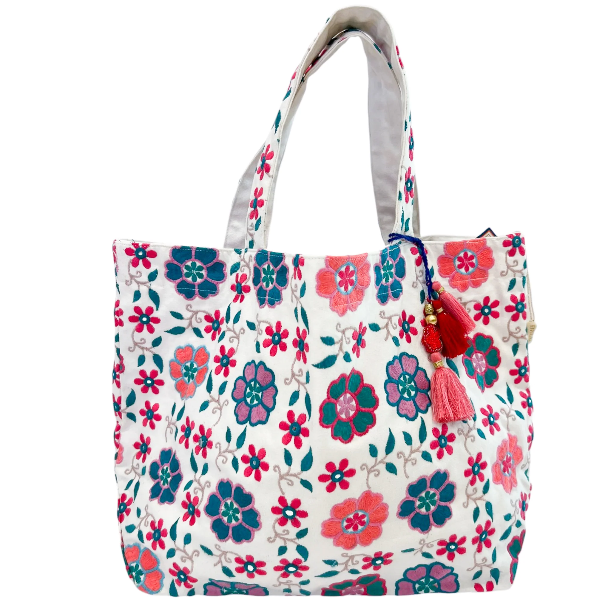 Medium Embroidered Beach Bag -Teal & Peach - Image 3