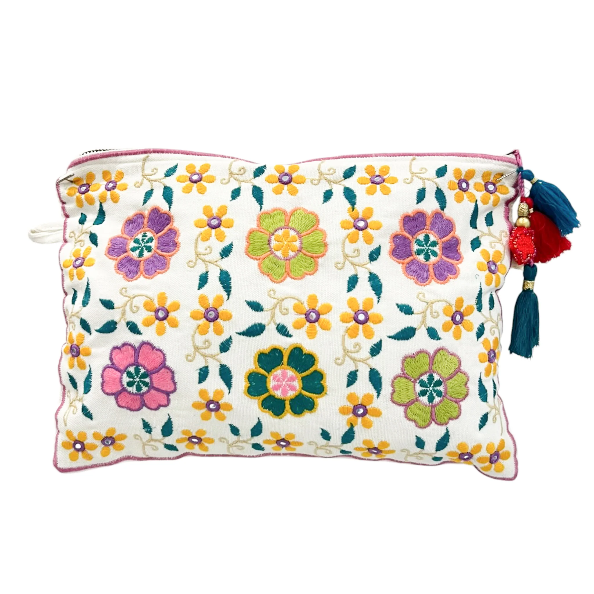Multi colored Embroidered Pouch - Yellow & Pink