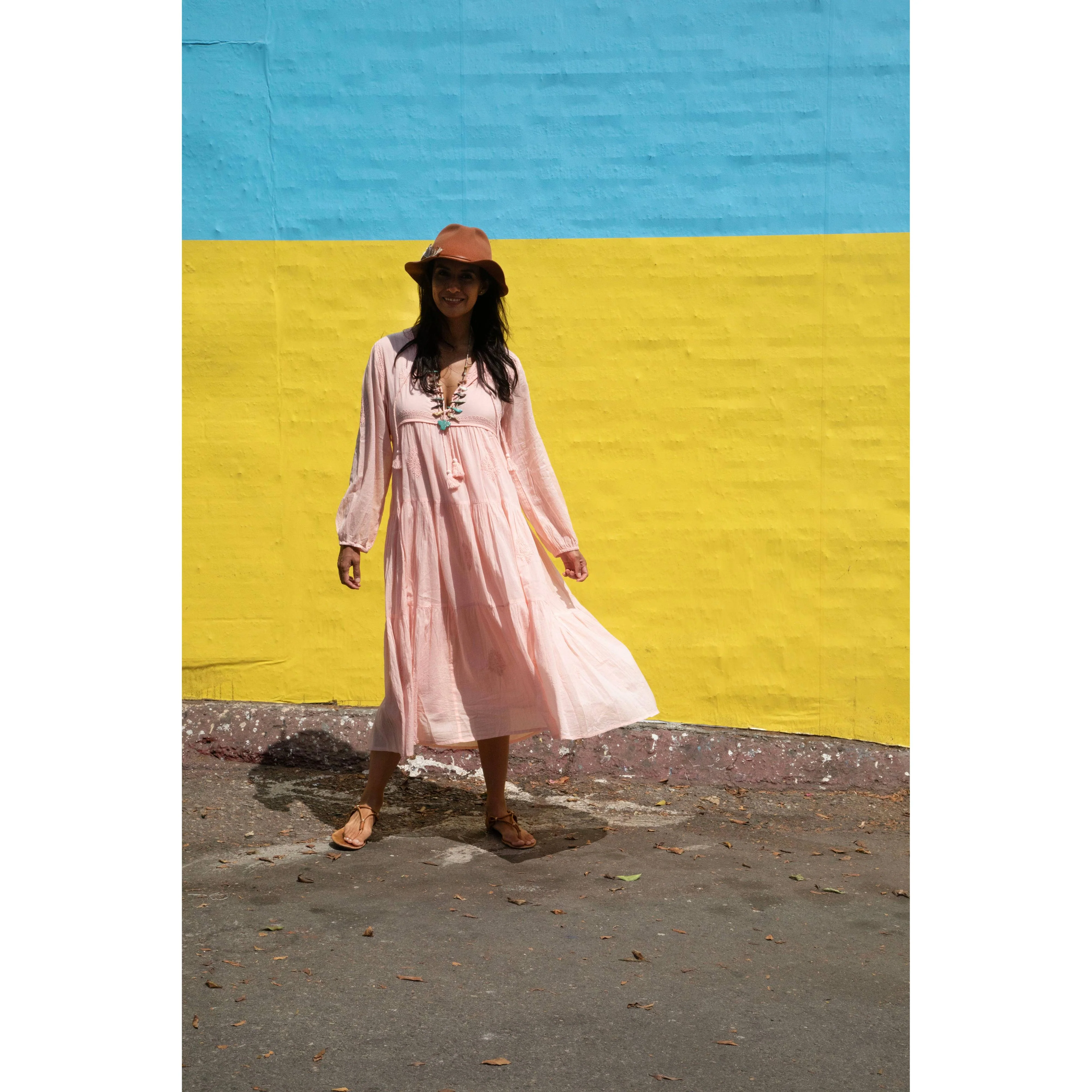 Mylene Embroidered Maxi Dress Long Sleeves and Tassels Peach - Image 3