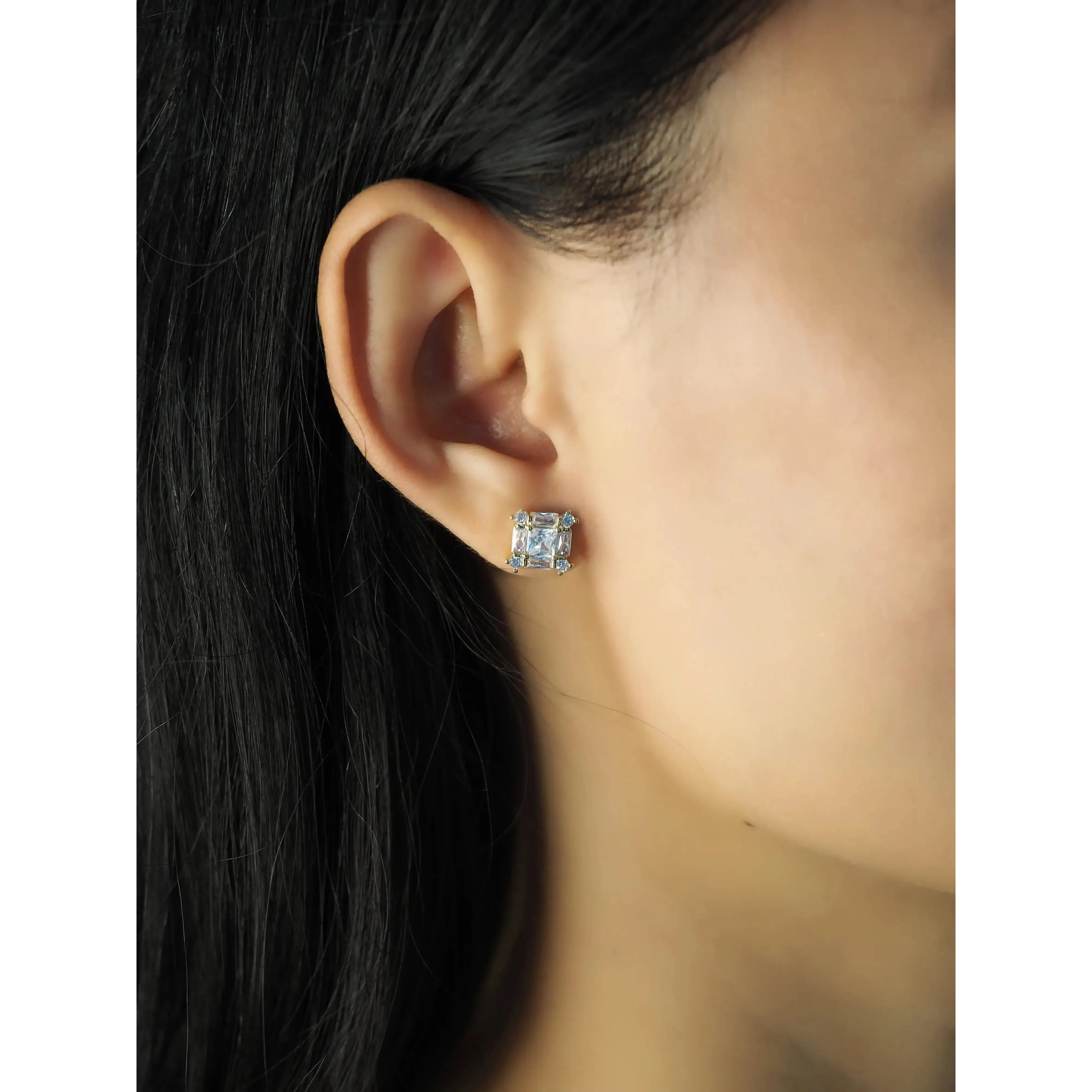 Princess Cut CZ Studs with Emerald and Round CZ Accents: Gold - Image 2