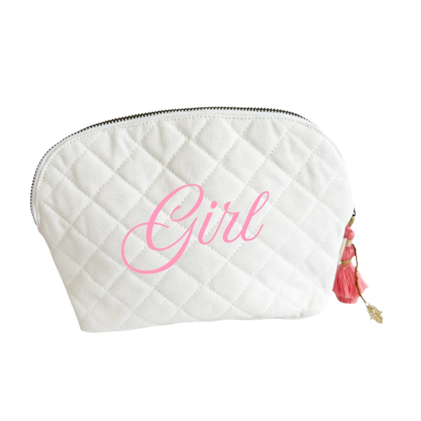 Quilted Canvas Clamshell Bag With Pink Tassel - Image 13