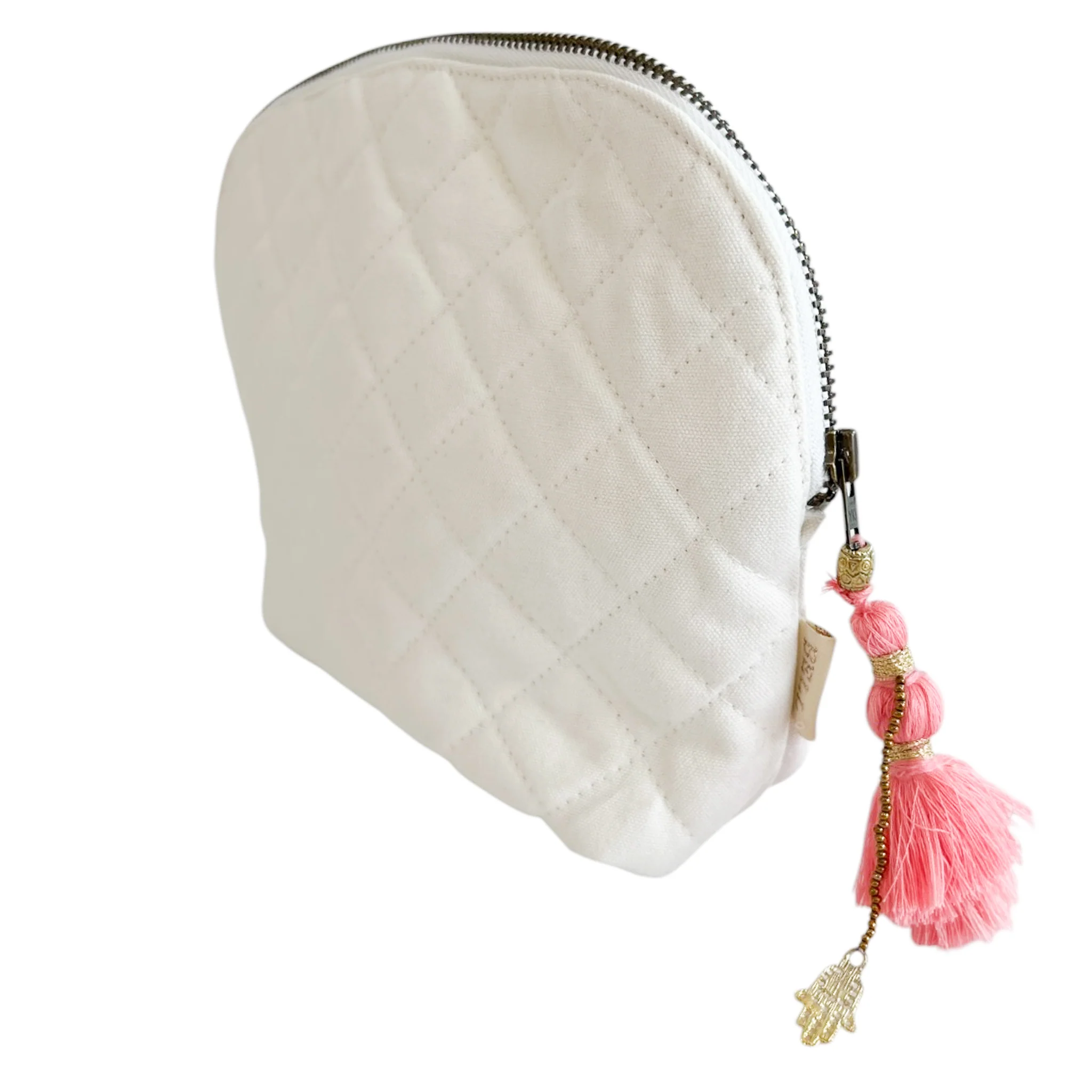 Quilted Canvas Clamshell Bag With Pink Tassel - Image 3