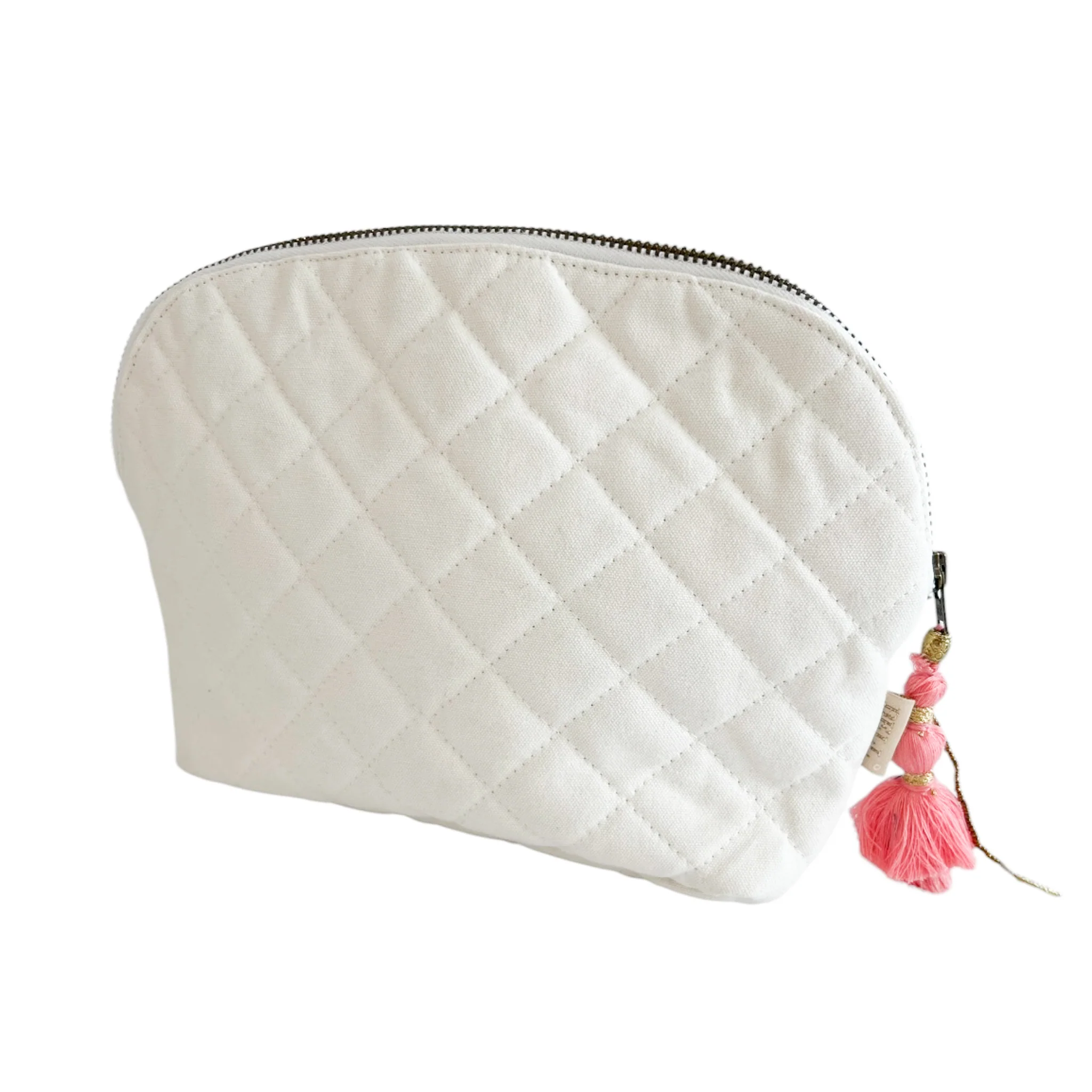 Quilted Canvas Clamshell Bag With Pink Tassel - Image 4