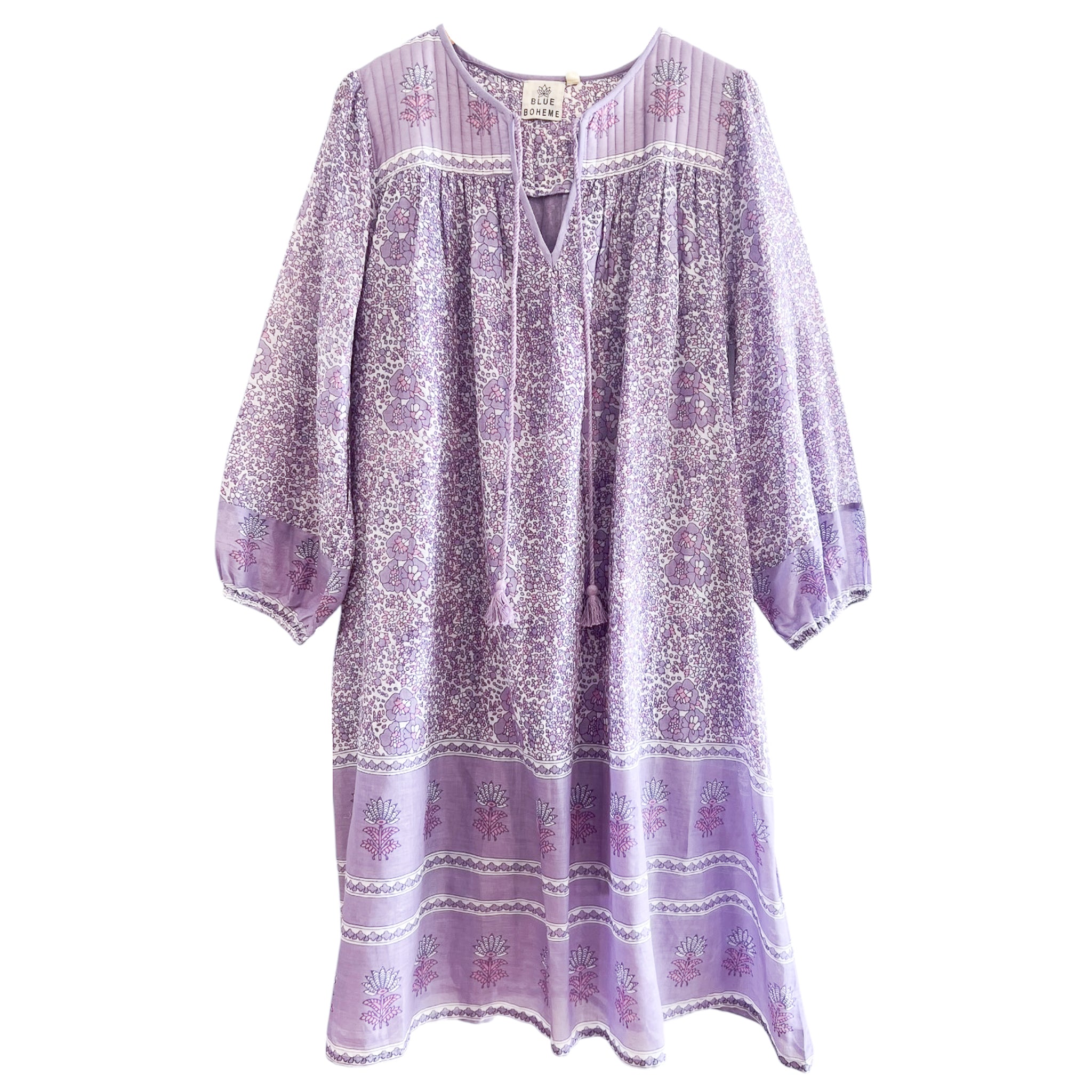 Romy Printed Long Dress With long Sleeves Side Pockets Lilac