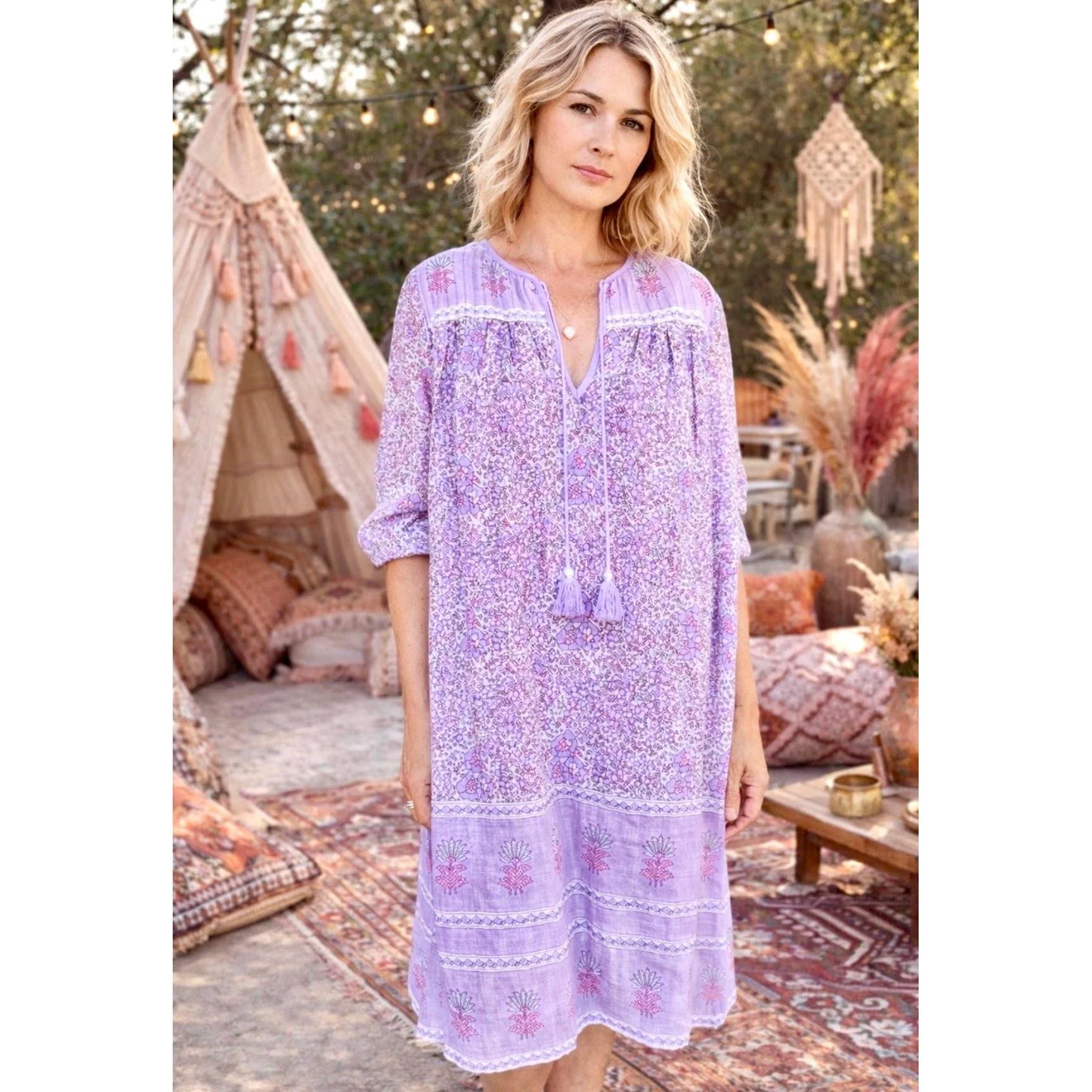 Romy Printed Long Dress With long Sleeves Side Pockets Lilac - Image 2